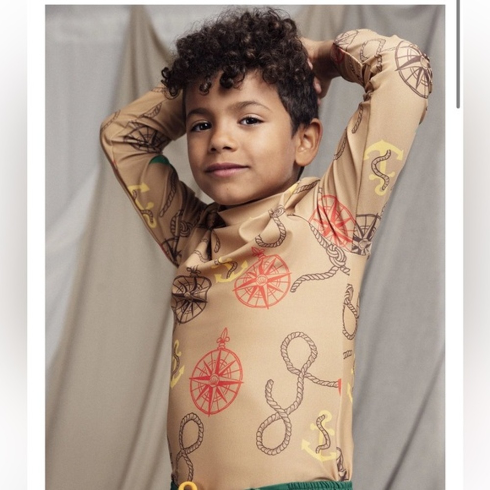 NWT Mini Rodini Tan Rashguard with Red and Yellow Nautical Print